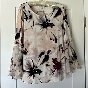 Elegant Calvin Klein Floral Chiffon Blouse with Bell Sleeves Sz. S